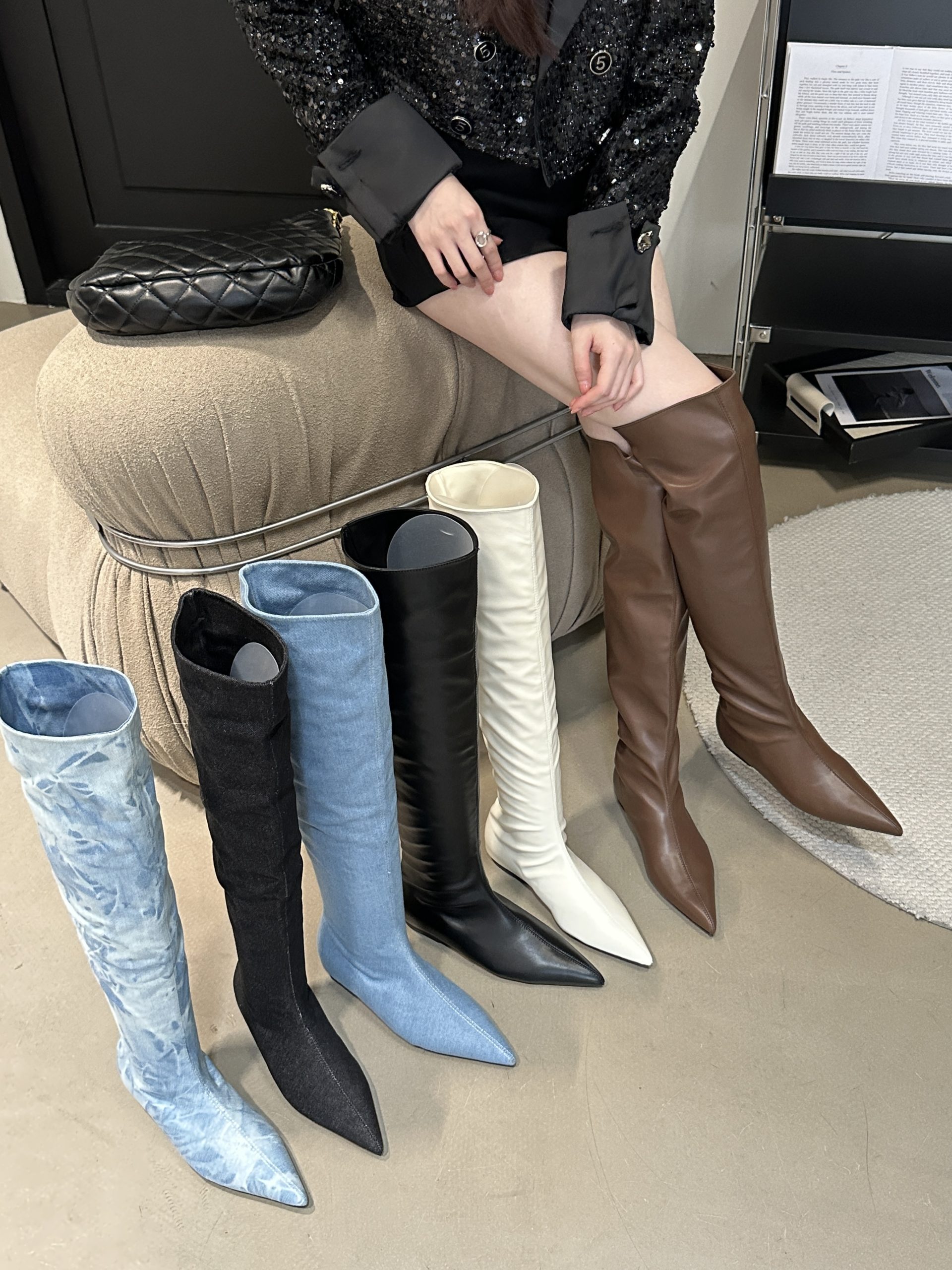 Minimalist Pointed Toe Flat Over Knee High Boots for Women
