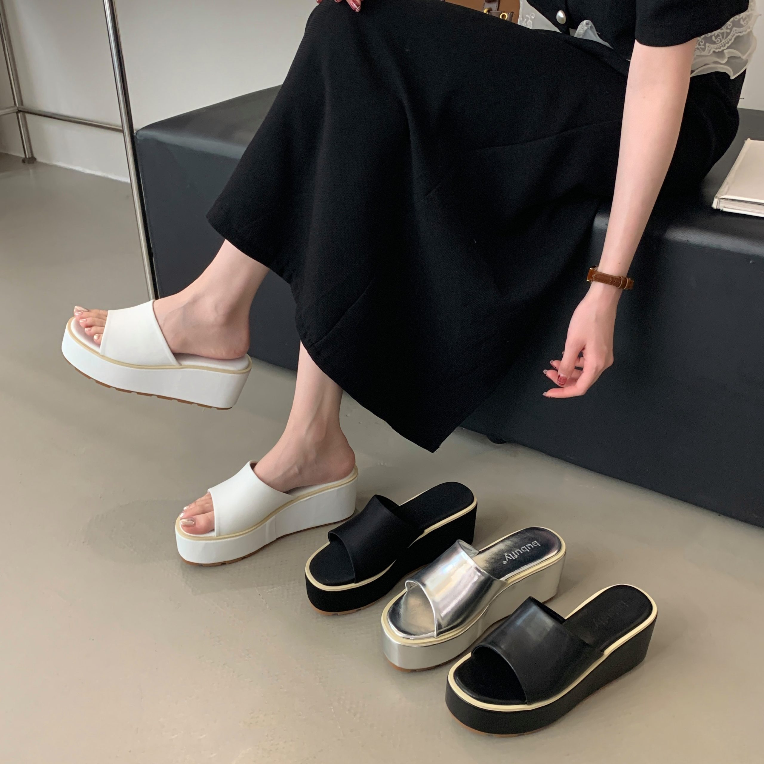 2025 Thick Sole Slide Sandals for Women Simple Leather One-Strap Summer Low Wedge Casual Shoes