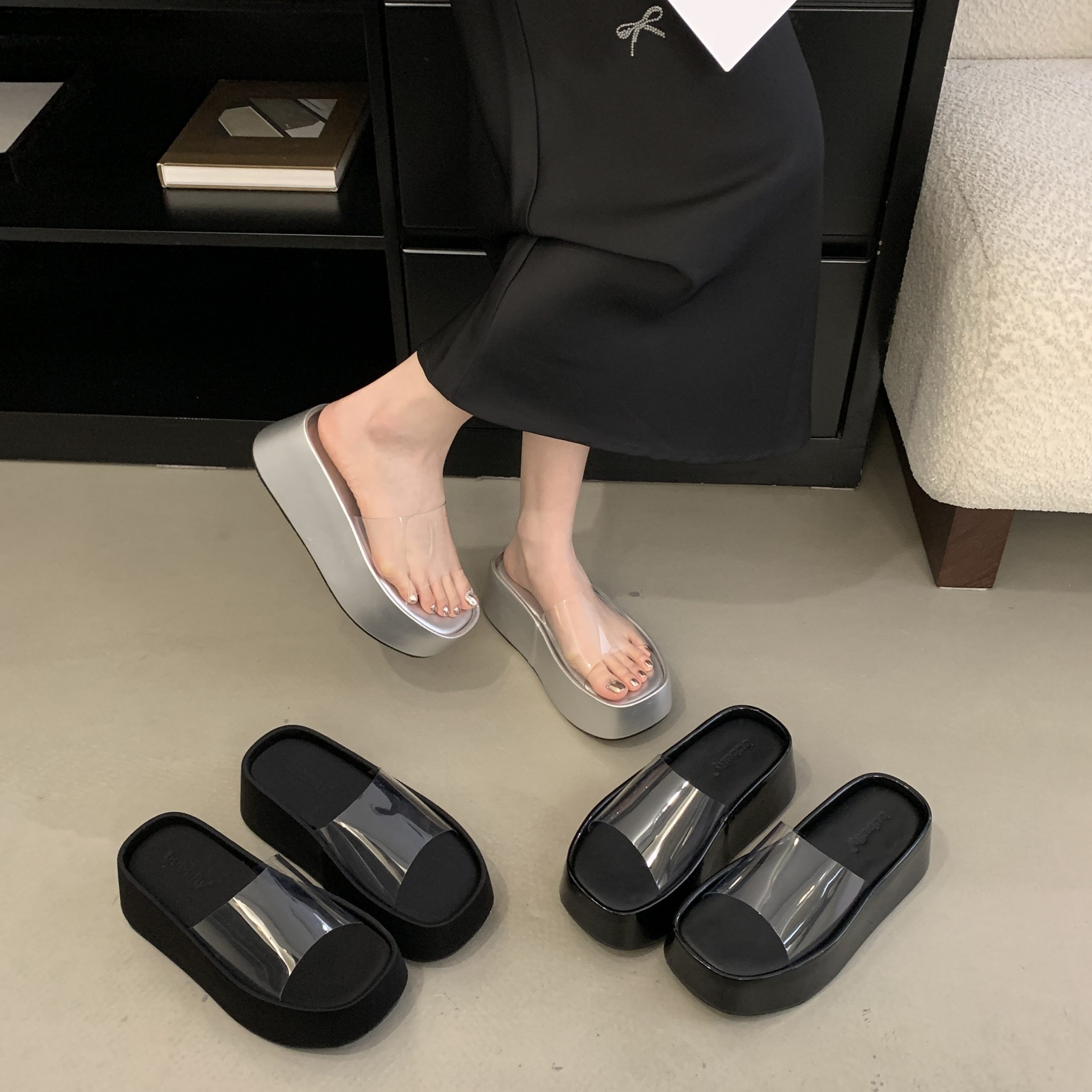 BUBUFLY Women's 7cm Platform Sandals 2025 New Summer Transparent Clear Heel Slides
