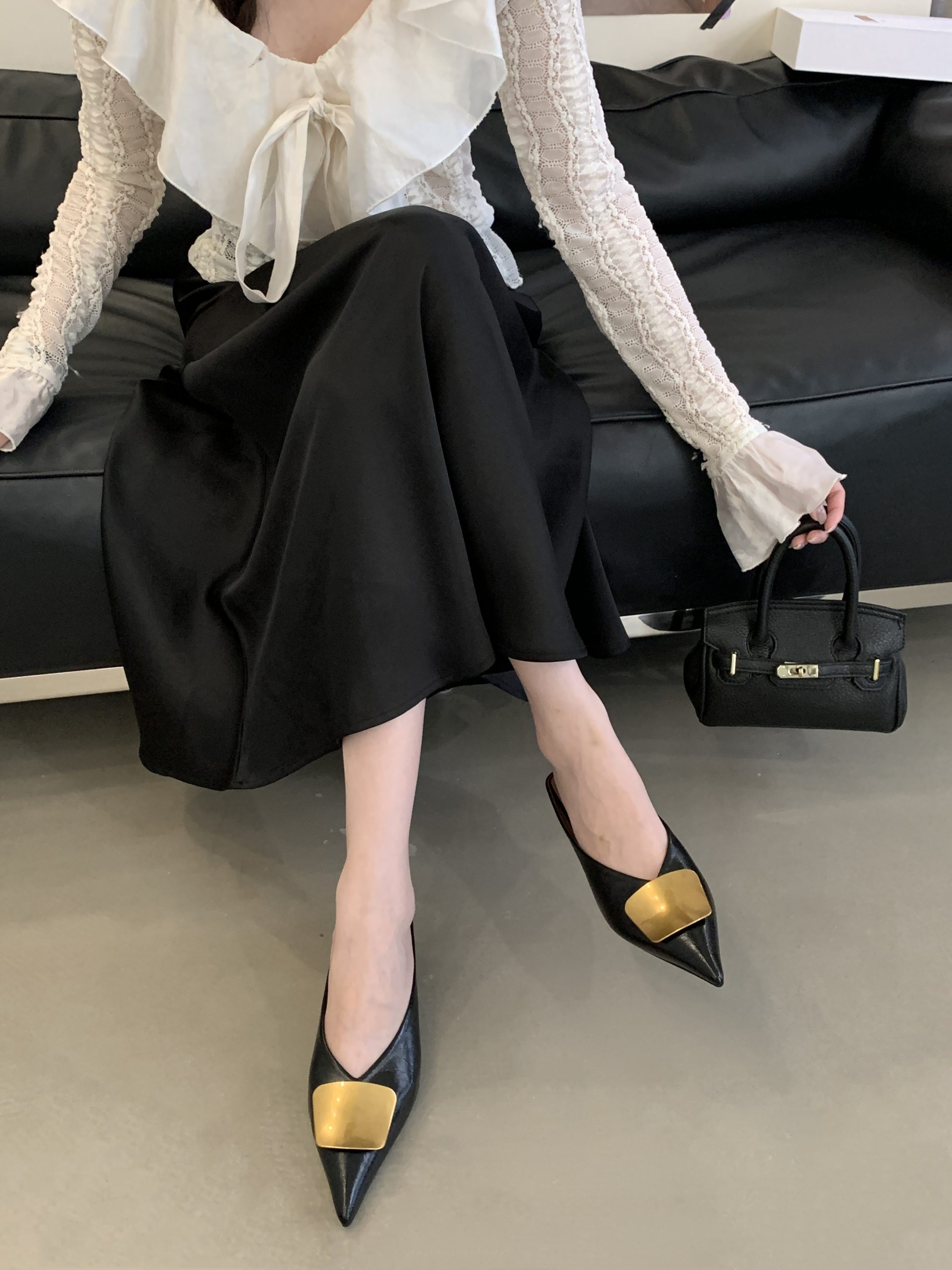 2025 New Style Slippers Thin Heel High Heel Elegant European and American Style Metal Buckle Pointed Toe Covered Toe Slippers for Women