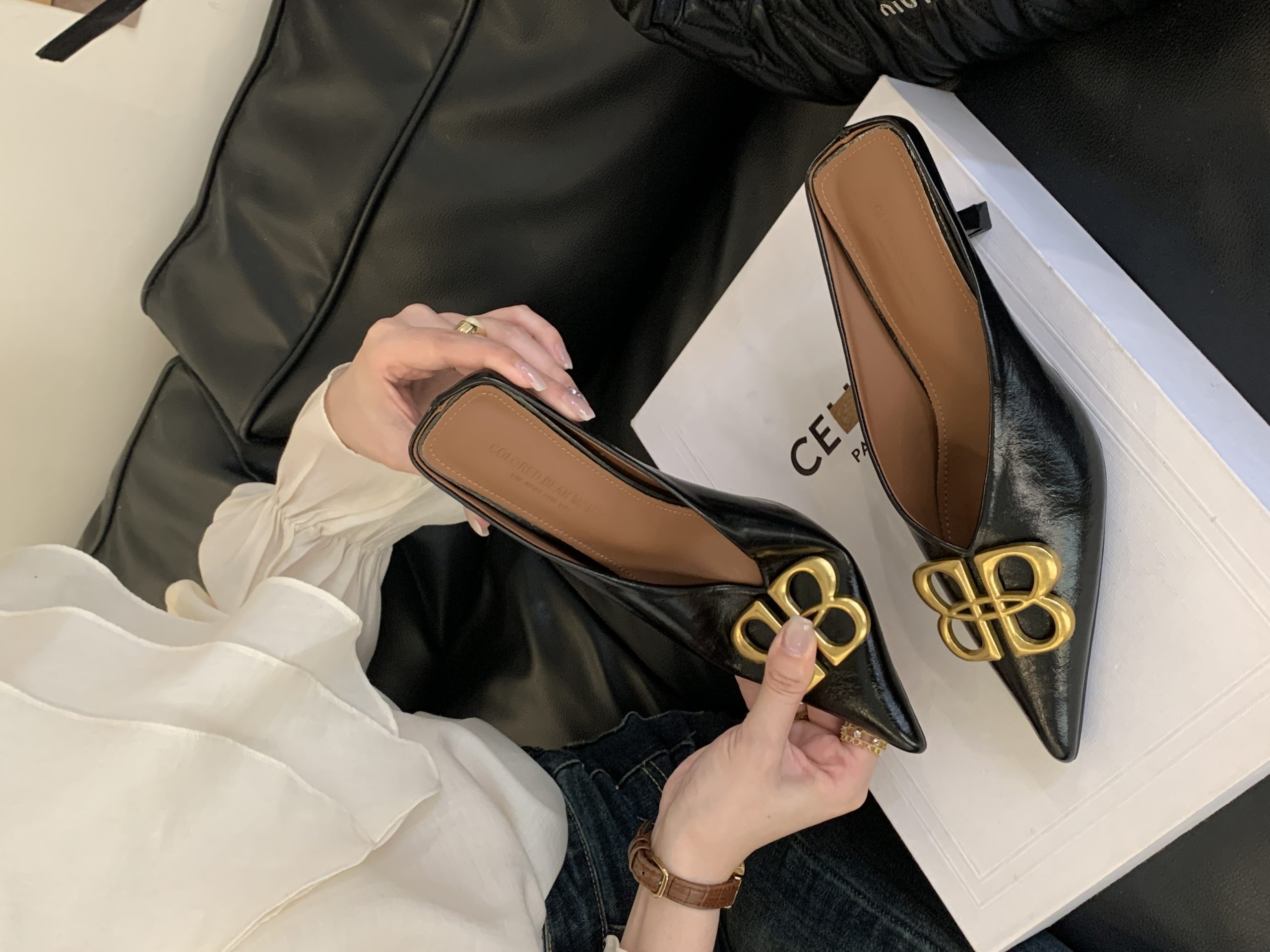 2025 New Summer Slippers Mid Heel European American Style Metal Buckle High Heel Thin Heel Closed Toe Women's Slippers - Image 2