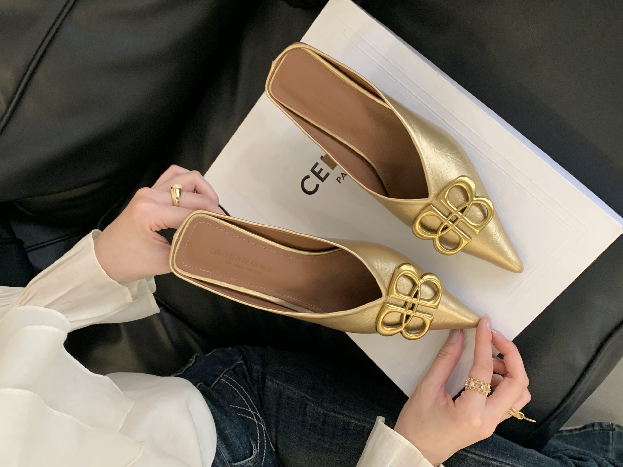 2025 New Summer Slippers Mid Heel European American Style Metal Buckle High Heel Thin Heel Closed Toe Women's Slippers - Image 3