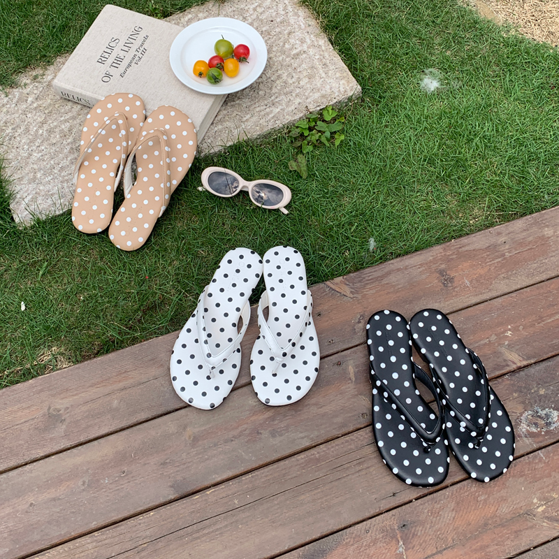 Korean Style Polka Dot Flip Flops Women's Beach Vacation Flat Non-slip Summer Outdoor Toe Separator Slippers