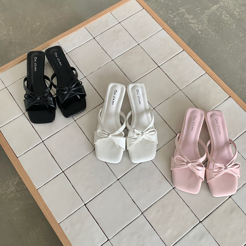 French Style Beautiful Slippers for Women Summer 2026 New Bow Chunky Heel Sandals