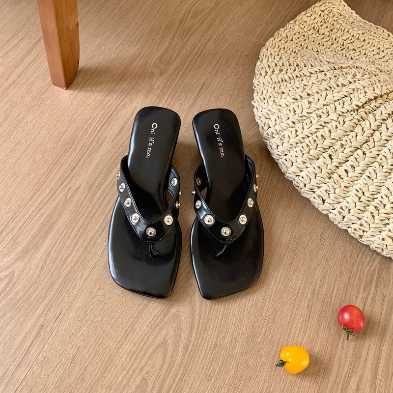 2026 Square Toe Thong Sandals Black Soft Sole Rivet Minimalist High Heel Slippers Women Summer Original - Image 2