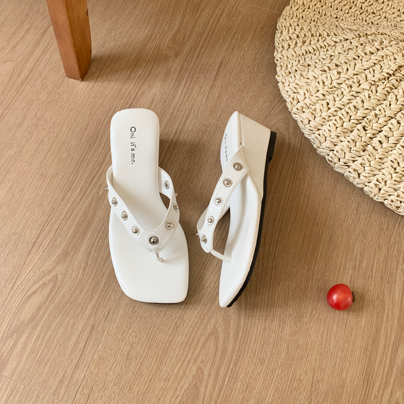 2026 Square Toe Thong Sandals Black Soft Sole Rivet Minimalist High Heel Slippers Women Summer Original - Image 3