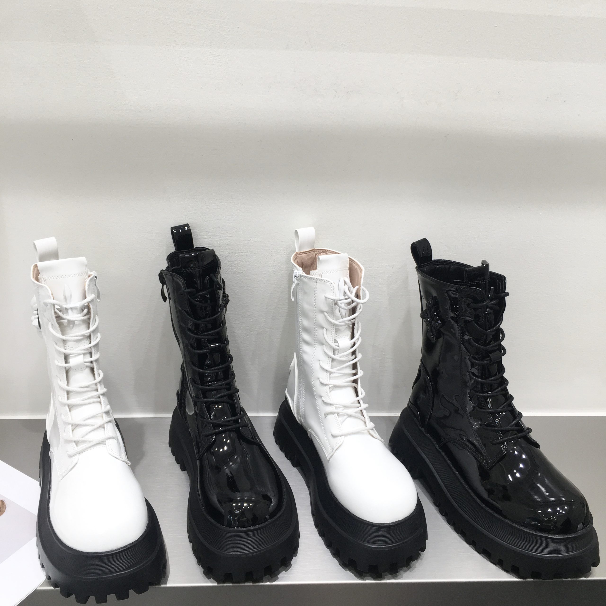 Chrome Hearts Style Chunky Round Toe Lace Up Side Zipper Motorcycle PU Mid Boots