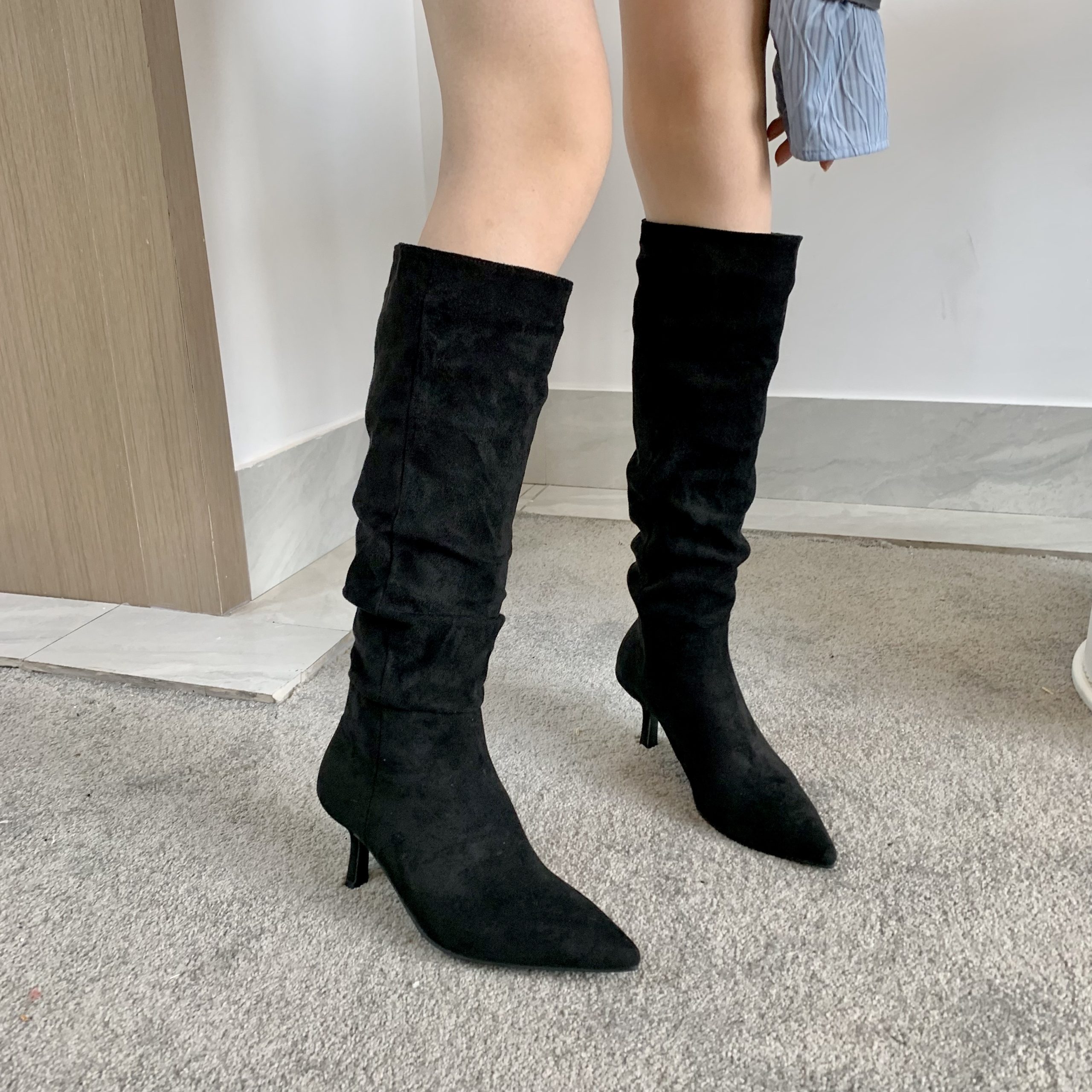 Domeier Women's Suede Over-the-Knee Boots with Ruched Shaft and Pointed Toe, Stiletto Heel, Fall 2022